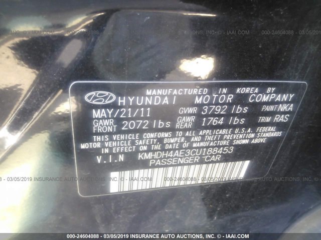 KMHDH4AE3CU188453 - 2012 HYUNDAI ELANTRA GLS/LIMITED BLACK photo 9