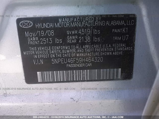 5NPEU46F59H464320 - 2009 HYUNDAI SONATA SE/LIMITED SILVER photo 9