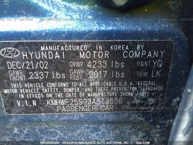 KMHWF25S93A813636 - 2003 HYUNDAI SONATA GL BLUE photo 9