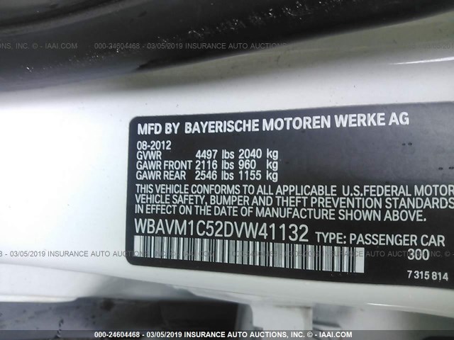 WBAVM1C52DVW41132 - 2013 BMW X1 SDRIVE28I WHITE photo 9