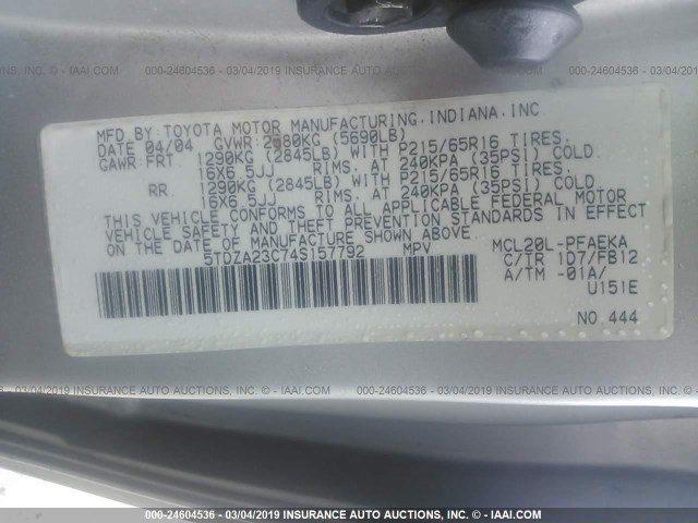 5TDZA23C74S157792 - 2004 TOYOTA SIENNA CE/LE SILVER photo 9