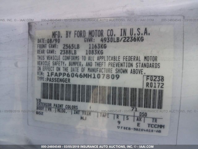 1FAPP6046MH107809 - 1991 FORD THUNDERBIRD  WHITE photo 9