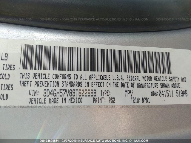 3D4GH57V89T602699 - 2009 DODGE JOURNEY SXT SILVER photo 9