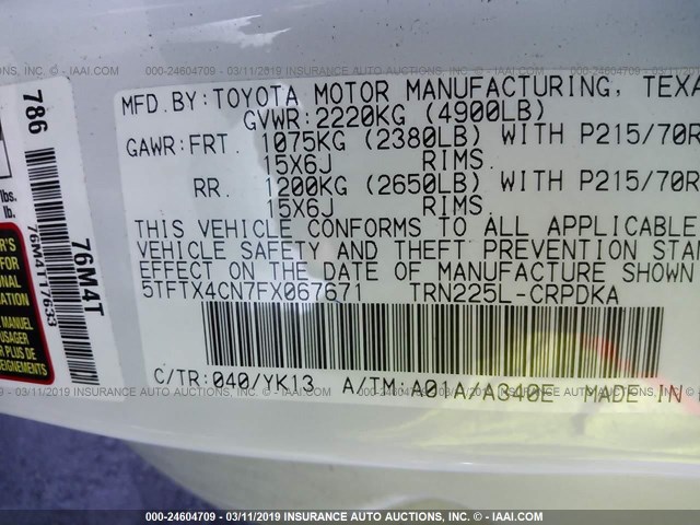 5TFTX4CN7FX067671 - 2015 TOYOTA TACOMA ACCESS CAB თეთრი ფოტო 9