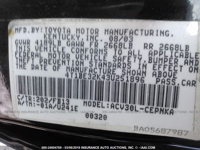 4T1BE32K43U251896 - 2003 TOYOTA CAMRY LE/XLE/SE BLACK photo 9