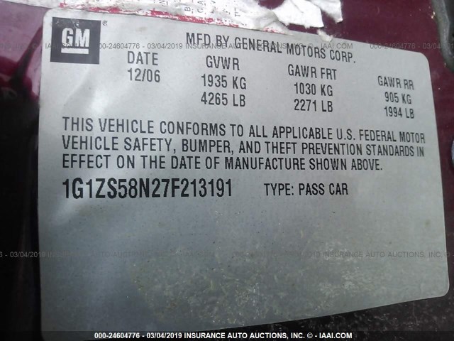1G1ZS58N27F213191 - 2007 CHEVROLET MALIBU LS BURGUNDY photo 9