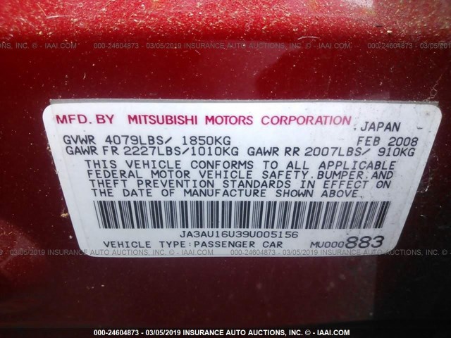 JA3AU16U39U005156 - 2009 MITSUBISHI LANCER DE RED photo 9