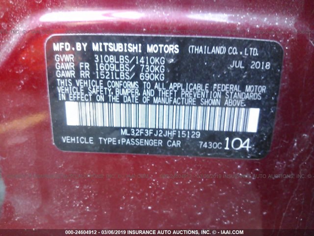 ML32F3FJ2JHF15129 - 2018 MITSUBISHI MIRAGE G4 ES Красный фото 9