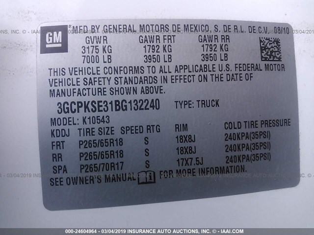 3GCPKSE31BG132240 - 2011 CHEVROLET SILVERADO K1500 LT WHITE photo 9