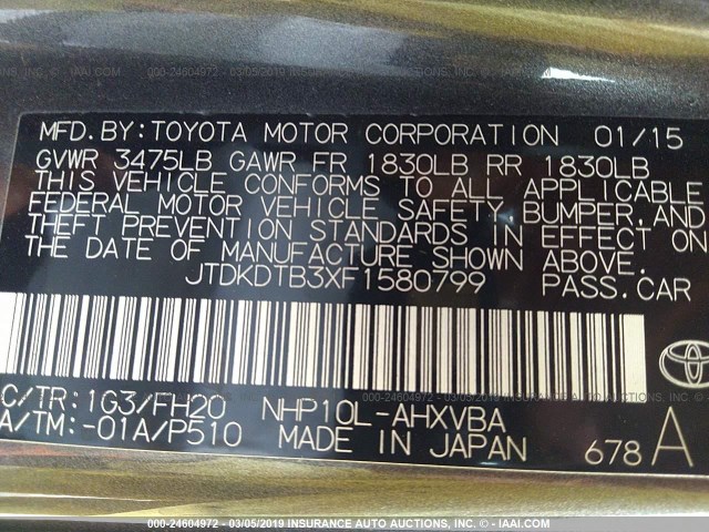 JTDKDTB3XF1580799 - 2015 TOYOTA PRIUS C GREEN photo 9