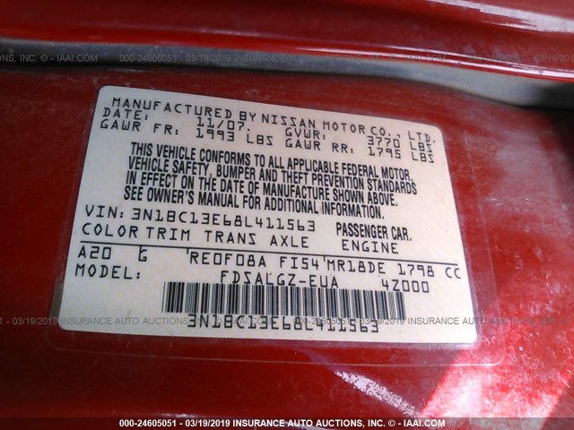 3N1BC13E68L411563 - 2008 NISSAN VERSA S/SL RED photo 9