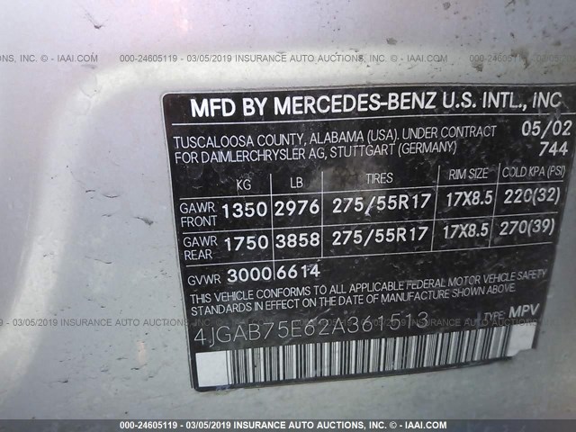 4JGAB75E62A361513 - 2002 MERCEDES-BENZ ML 500 SILVER photo 9