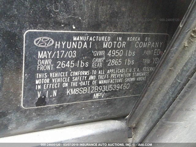 KM8SB12B93U539460 - 2003 HYUNDAI SANTA FE GL BLACK photo 9