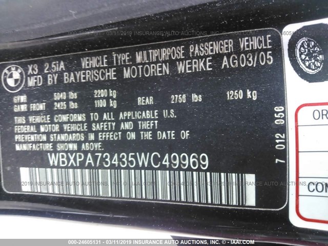 WBXPA73435WC49969 - 2005 BMW X3 2.5I BLACK photo 9