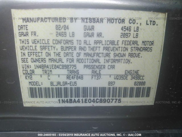 1N4BA41E04C890775 - 2004 NISSAN MAXIMA SE/SL Champagne photo 9