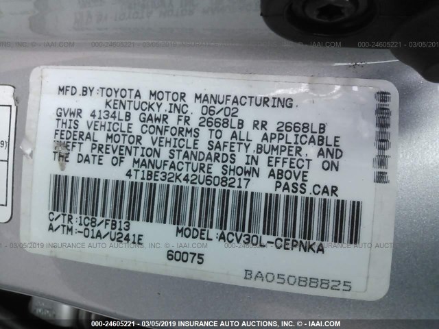 4T1BE32K42U608217 - 2002 TOYOTA CAMRY LE/XLE/SE SILVER photo 9