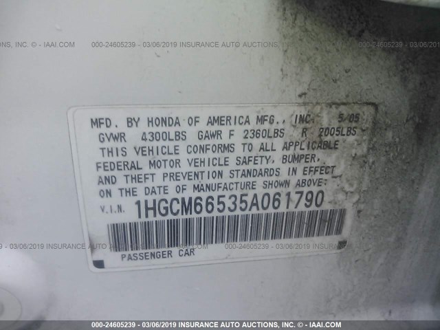 1HGCM66535A061790 - 2005 HONDA ACCORD EX WHITE photo 9