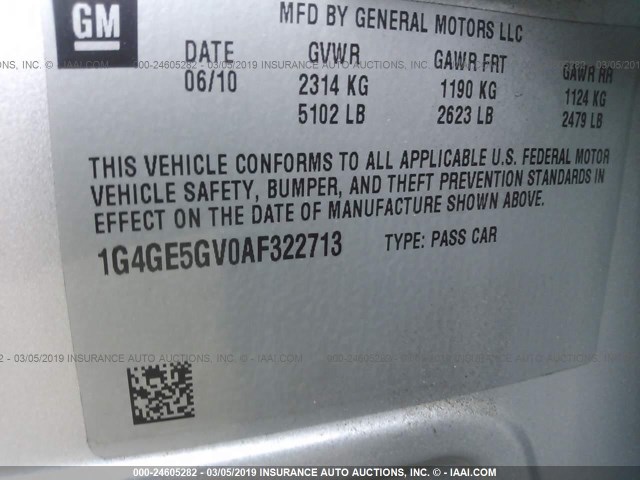 1G4GE5GV0AF322713 - 2010 BUICK LACROSSE CXS SILVER photo 9