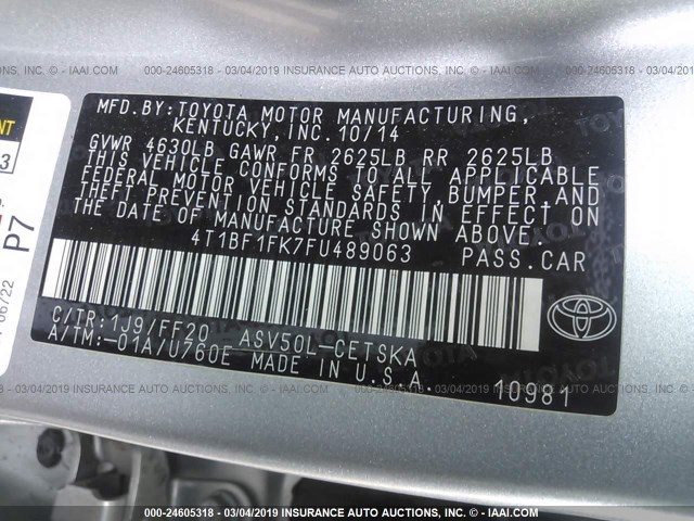 4T1BF1FK7FU489063 - 2015 TOYOTA CAMRY LE/XLE/SE/XSE ვერცხლისფერი ფოტო 9
