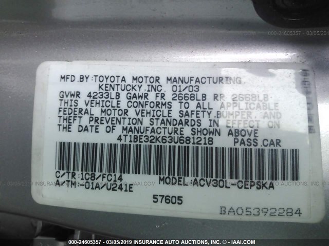 4T1BE32K63U681218 - 2003 TOYOTA CAMRY LE/XLE/SE SILVER photo 9