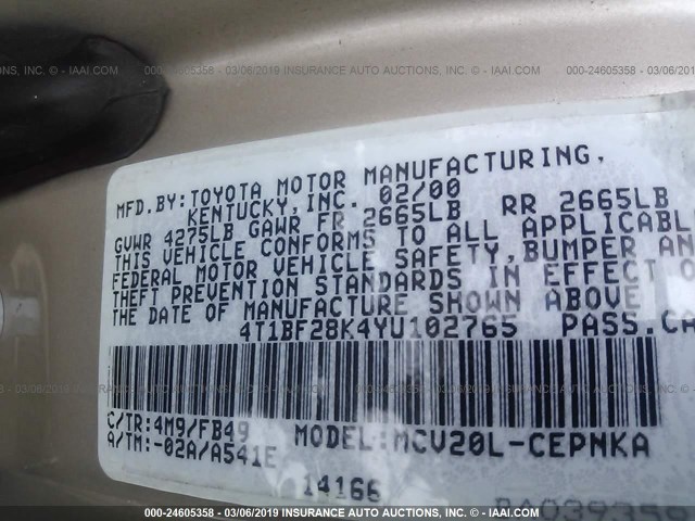 4T1BF28K4YU102765 - 2000 TOYOTA CAMRY LE/XLE TAN photo 9