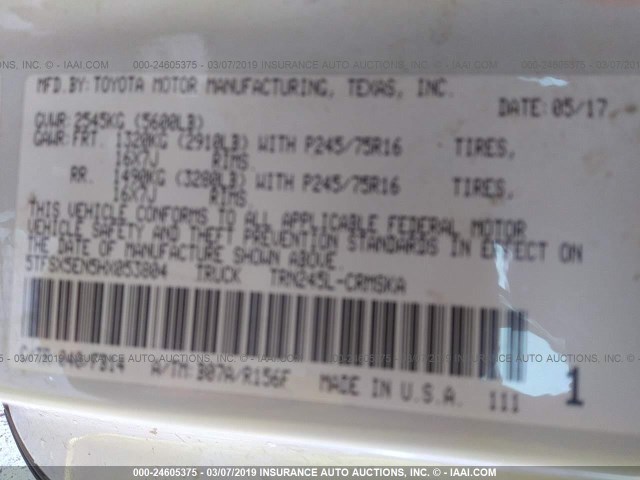 5TFSX5EN5HX053804 - 2017 TOYOTA TACOMA ACCESS CAB/SR/SR5 WHITE photo 9