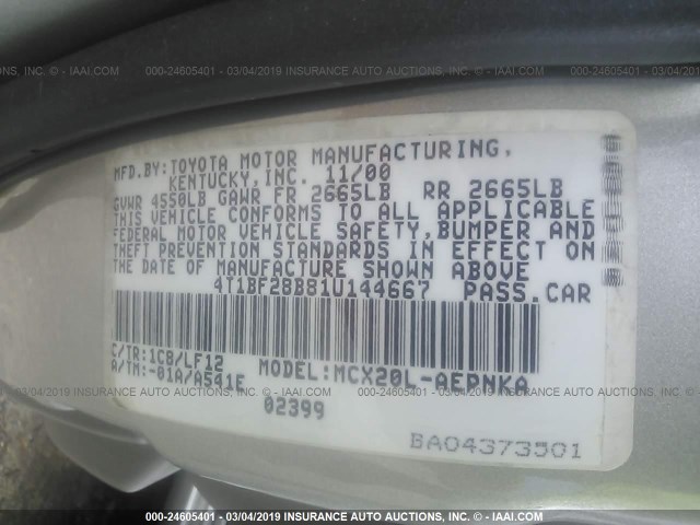 4T1BF28B81U144667 - 2001 TOYOTA AVALON XL/XLS SILVER photo 9