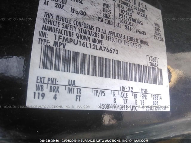 1FMPU16L12LA76673 - 2002 FORD EXPEDITION XLT BLACK photo 9