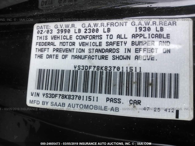 YS3DF78K837011511 - 2003 SAAB 9-3 SE BLACK photo 9