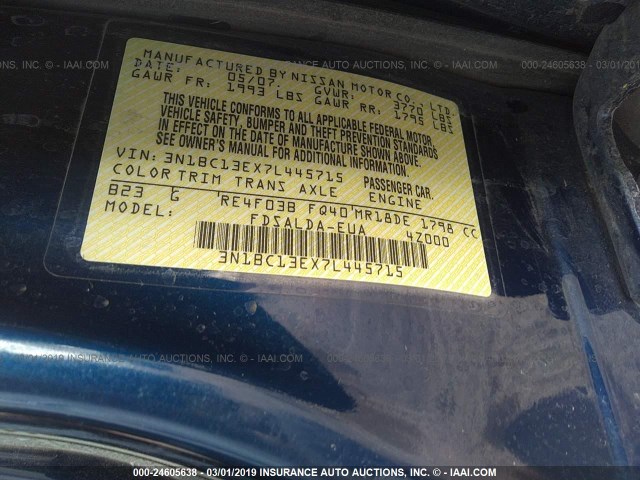 3N1BC13EX7L445715 - 2007 NISSAN VERSA S/SL BLUE photo 9