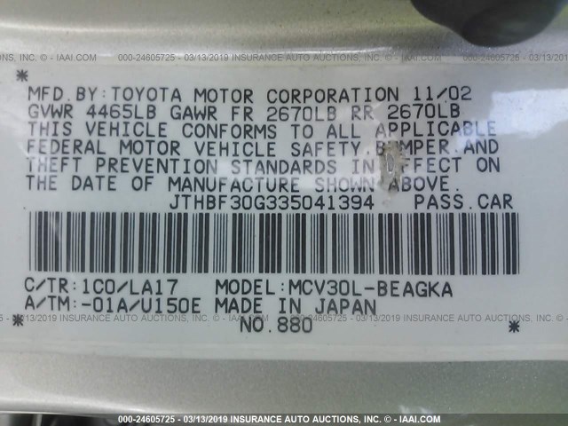 JTHBF30G335041394 - 2003 LEXUS ES 300 SILVER photo 9