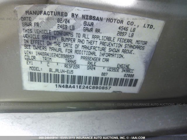 1N4BA41E24C890857 - 2004 NISSAN MAXIMA SE/SL GOLD photo 9