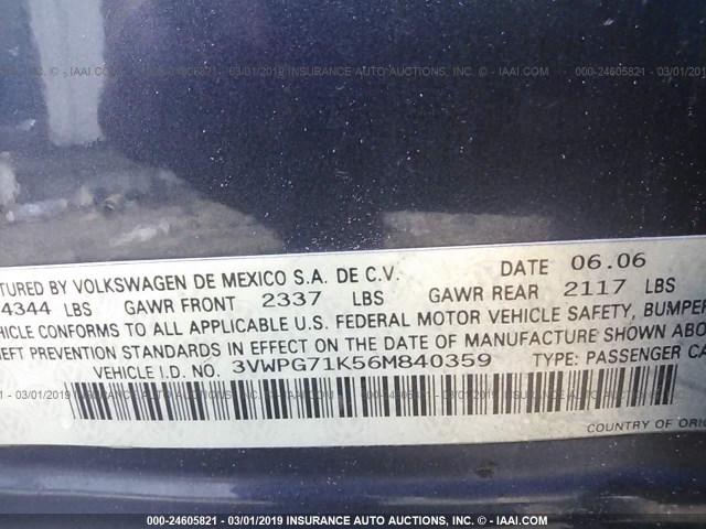 3VWPG71K56M840359 - 2006 VOLKSWAGEN JETTA VALUE BLUE photo 9