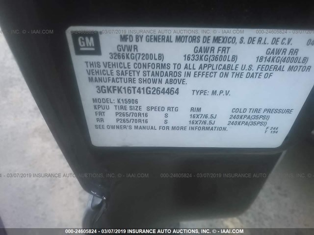 3GKFK16T41G264464 - 2001 GMC YUKON XL K1500 BLACK photo 9