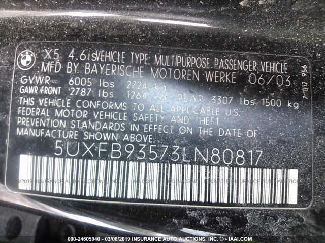 5UXFB93573LN80817 - 2003 BMW X5 4.6IS BLACK photo 9