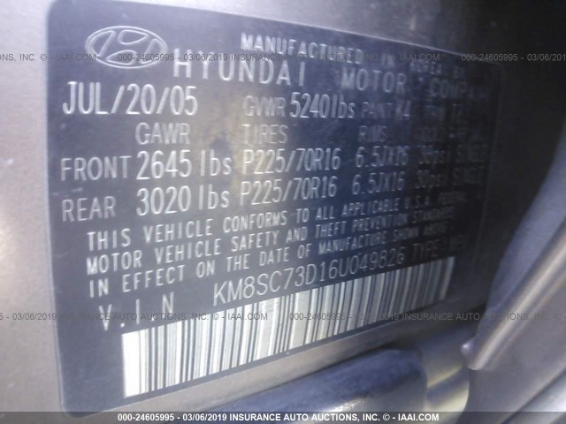 KM8SC73D16U049826 - 2006 HYUNDAI SANTA FE GLS/LIMITED BROWN photo 9