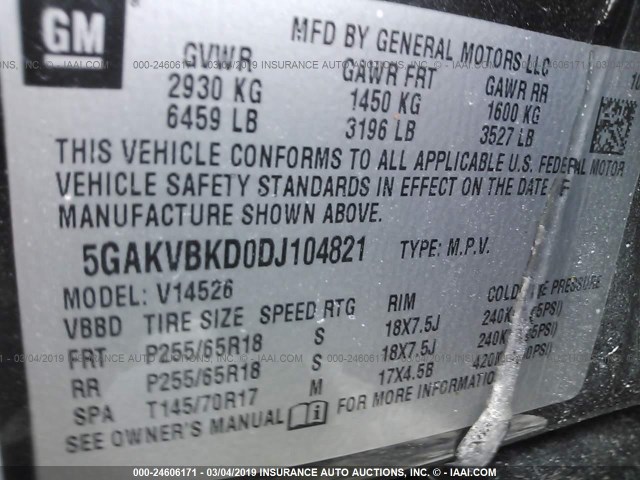 5GAKVBKD0DJ104821 - 2013 BUICK ENCLAVE GRAY photo 9