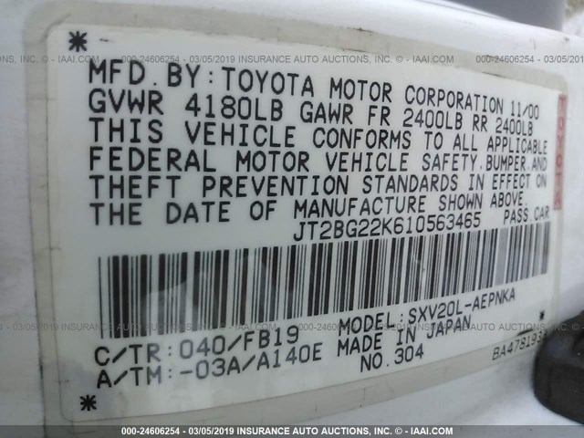 JT2BG22K610563465 - 2001 TOYOTA CAMRY CE/LE/XLE WHITE photo 9