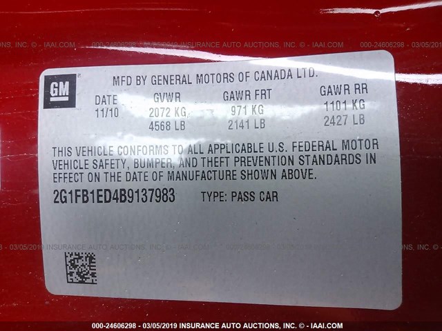 2G1FB1ED4B9137983 - 2011 CHEVROLET CAMARO RED photo 9