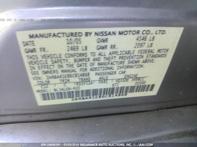 1N4BA41E86C814868 - 2006 NISSAN MAXIMA SE/SL SILVER photo 9