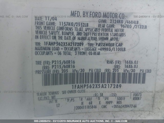 1FAHP562X5A217289 - 2005 FORD TAURUS SEL WHITE photo 9