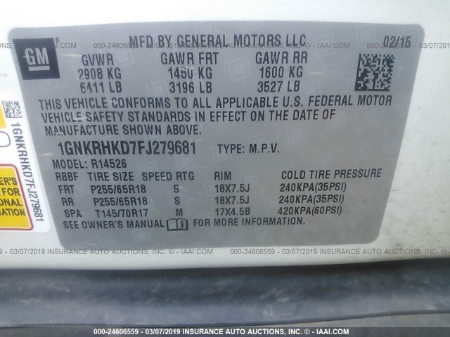 1GNKRHKD7FJ279681 - 2015 CHEVROLET TRAVERSE LT WHITE photo 9