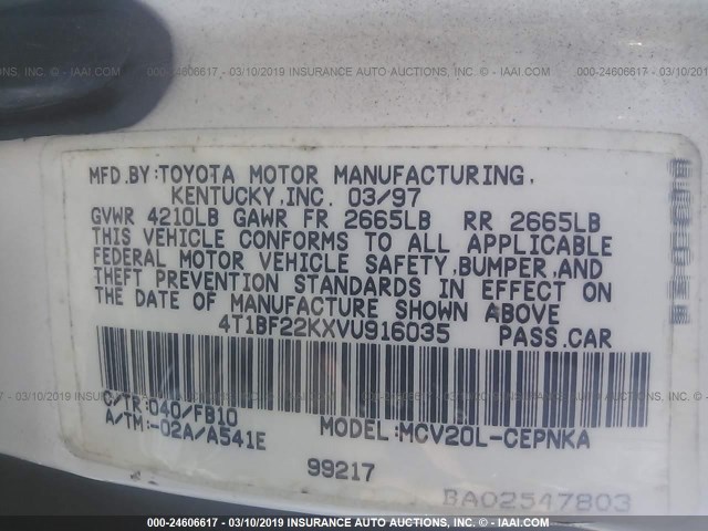 4T1BF22KXVU916035 - 1997 TOYOTA CAMRY CE/LE/XLE 白色 照片 9