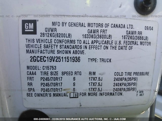 2GCEC19V251151936 - 2005 CHEVROLET SILVERADO C1500 WHITE photo 9