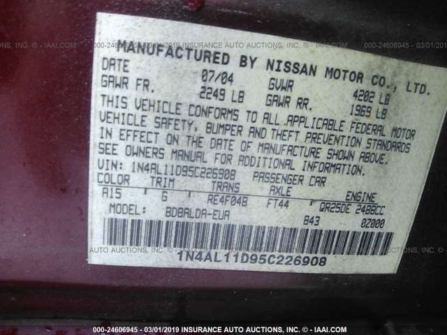 1N4AL11D95C226908 - 2005 NISSAN ALTIMA S/SL BURGUNDY photo 9