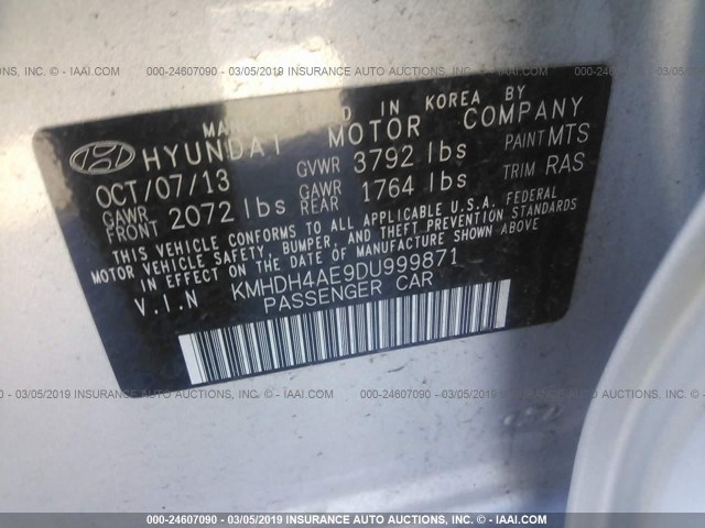 KMHDH4AE9DU999871 - 2013 HYUNDAI ELANTRA GLS/LIMITED SILVER photo 9