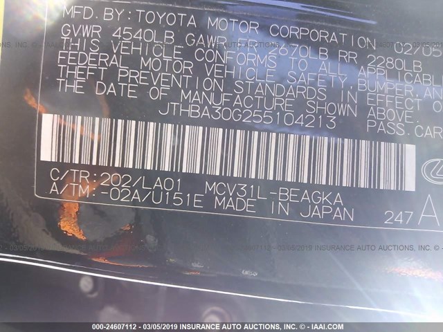 JTHBA30G255104213 - 2005 LEXUS ES 330 BLACK photo 9