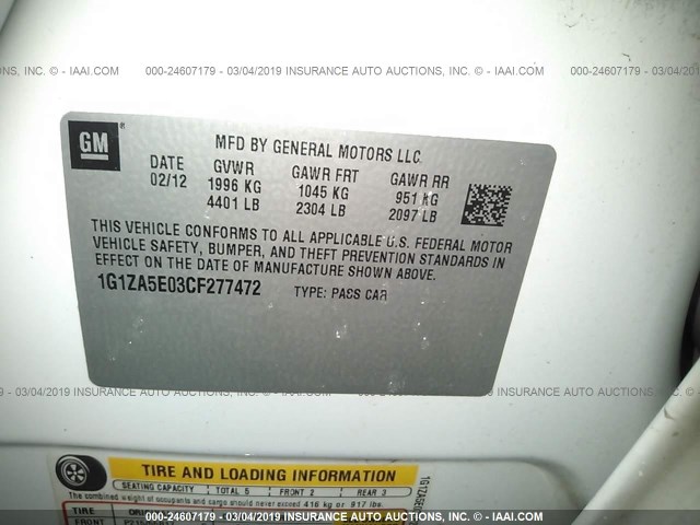 1G1ZA5E03CF277472 - 2012 CHEVROLET MALIBU LS WHITE photo 9