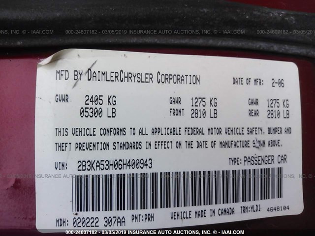 2B3KA53H06H400943 - 2006 DODGE CHARGER R/T RED photo 9