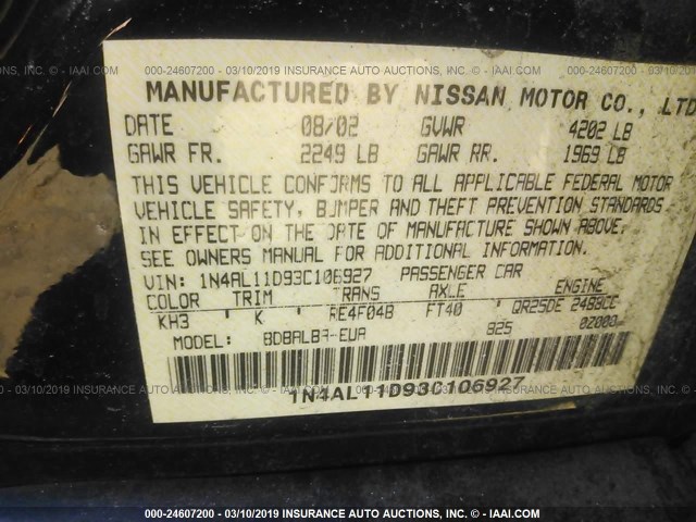 1N4AL11D93C106927 - 2003 NISSAN ALTIMA S/SL BLACK photo 9